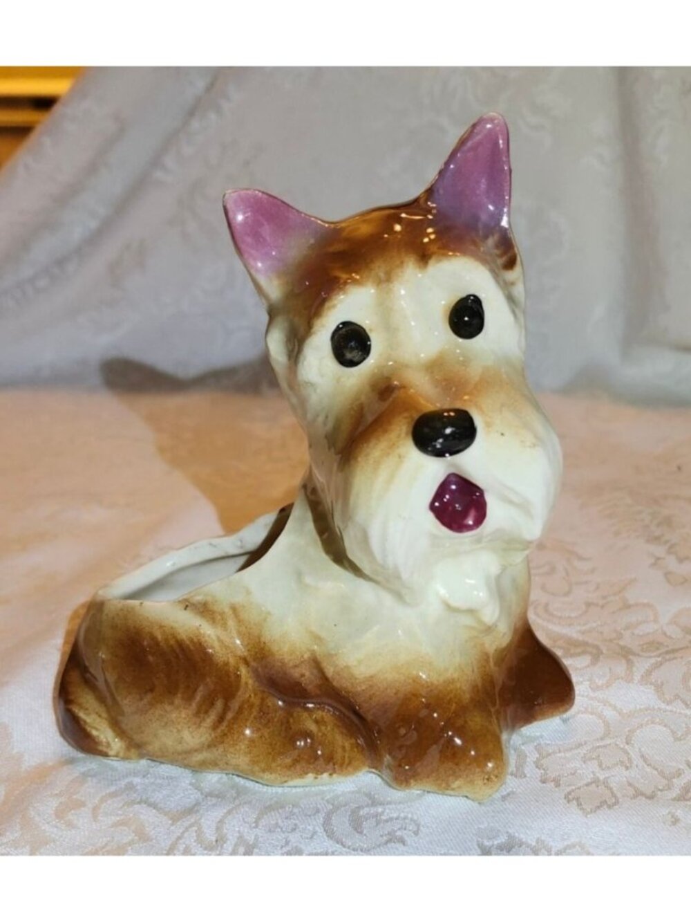 Vintage Scotty Dog Ceramic Planter Pink ears Brown & Cream Adorable